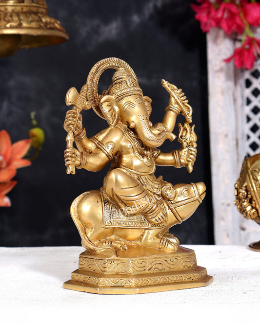 Brass Ganesha Sitting on Mooshak (Mouse) Statue — Unique Form 6 inch