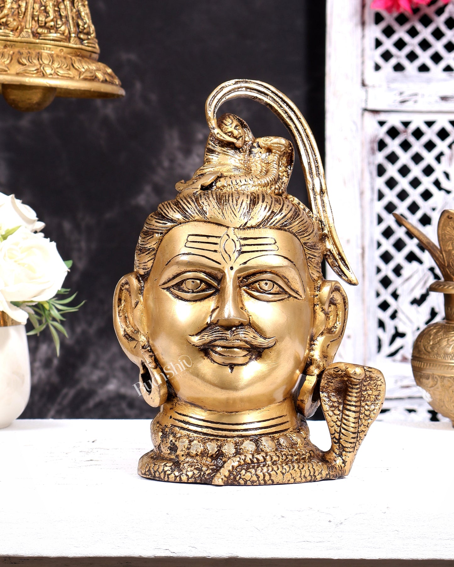 Pure Brass Lord Shiva Mahakal Face Mukhalingam Statue (Antique Tone) 9 inch