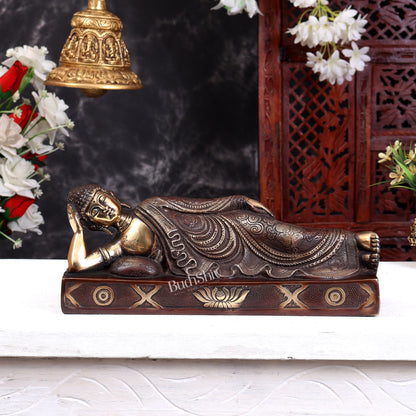 Brass Resting Buddha Statue in Parinirvana Mudra – Handcrafted Reclining Buddha Sculpture 12 inch