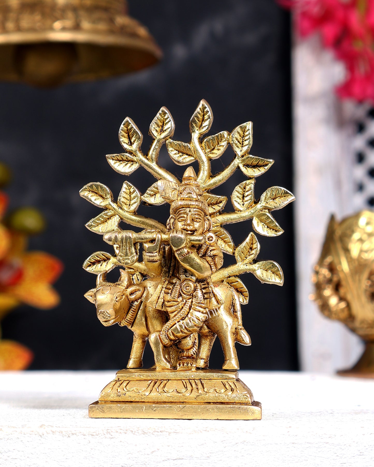 Brass Krishna with Cow and Tree Miniature 4 inch