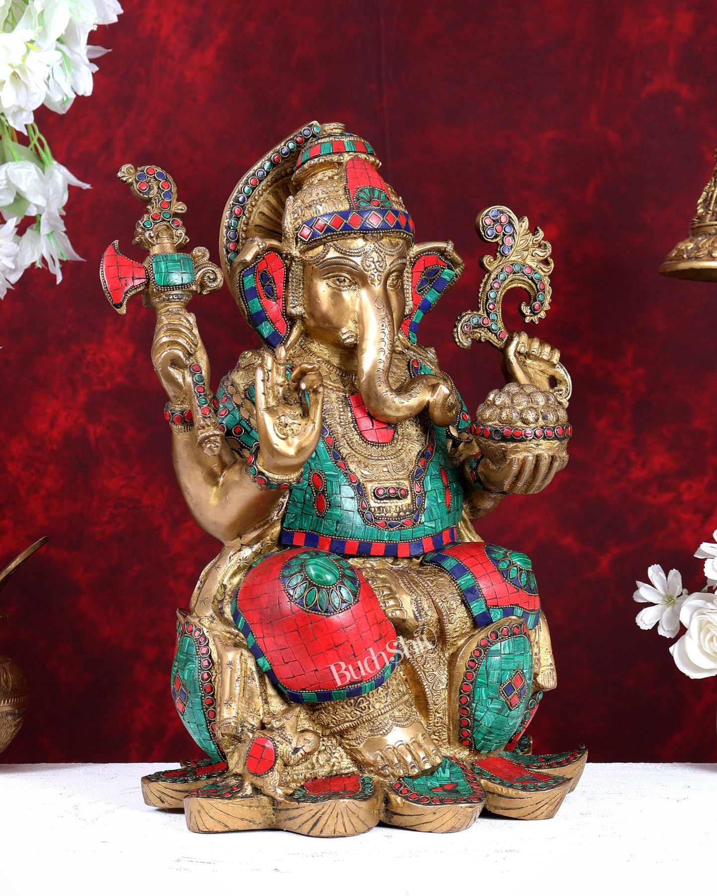 Unique brass Lord Ganesha on lotus large statue 16 inch with Stonework