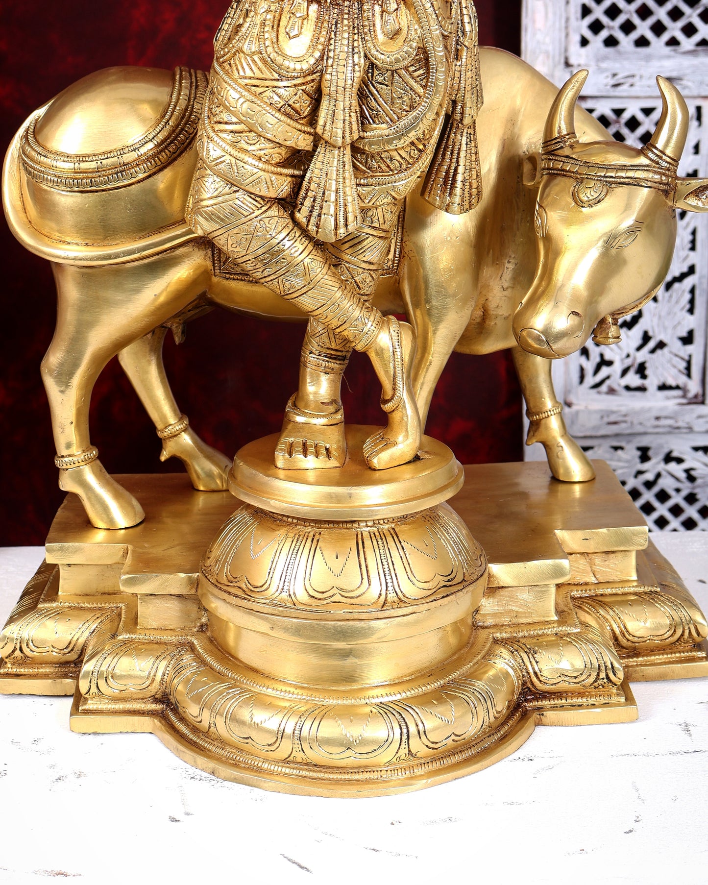 Brass Krishna with cow sleek and simple Sculpture 27 inch