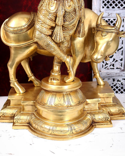 Brass Krishna with cow sleek and simple Sculpture 27 inch