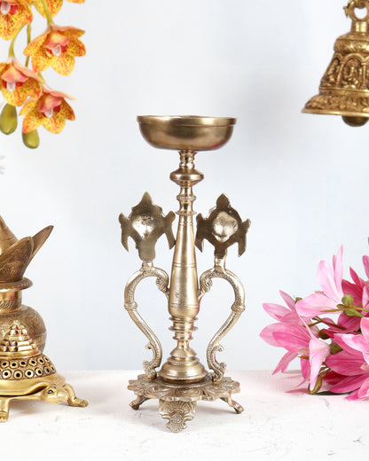 Bronze Shankh Chakra Design Oil Lamp Diya – Unique Traditional Deepam 12.5 inch