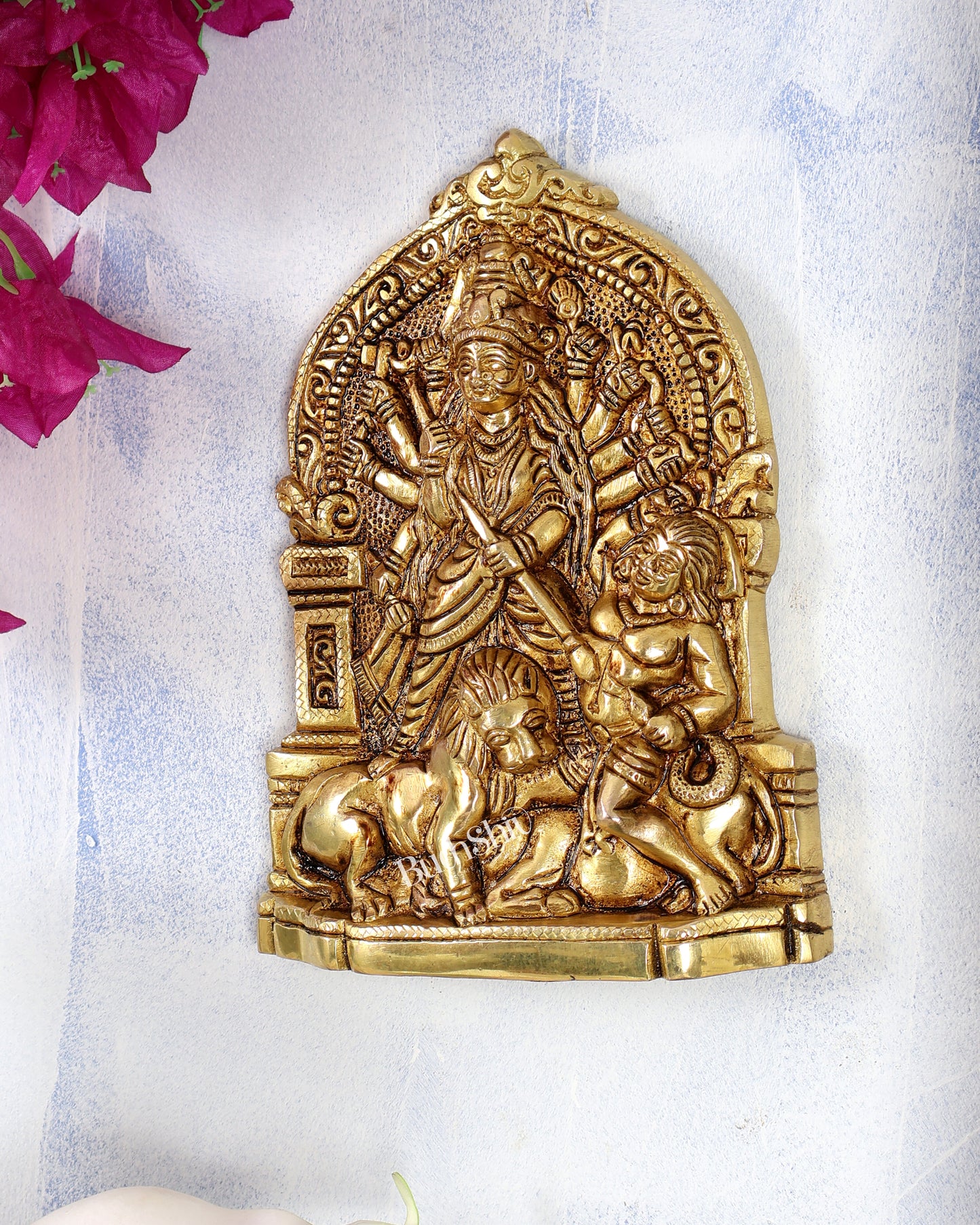 Brass Mahishasura Mardini Bengali Durga Wall Hanging – Handcrafted Divine Wall Décor 8 inch
