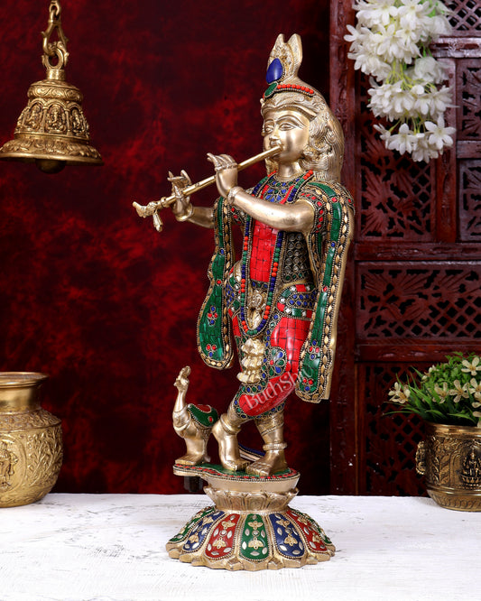 Brass Krishna Standing on a Lotus Base 19 inch with Stonework