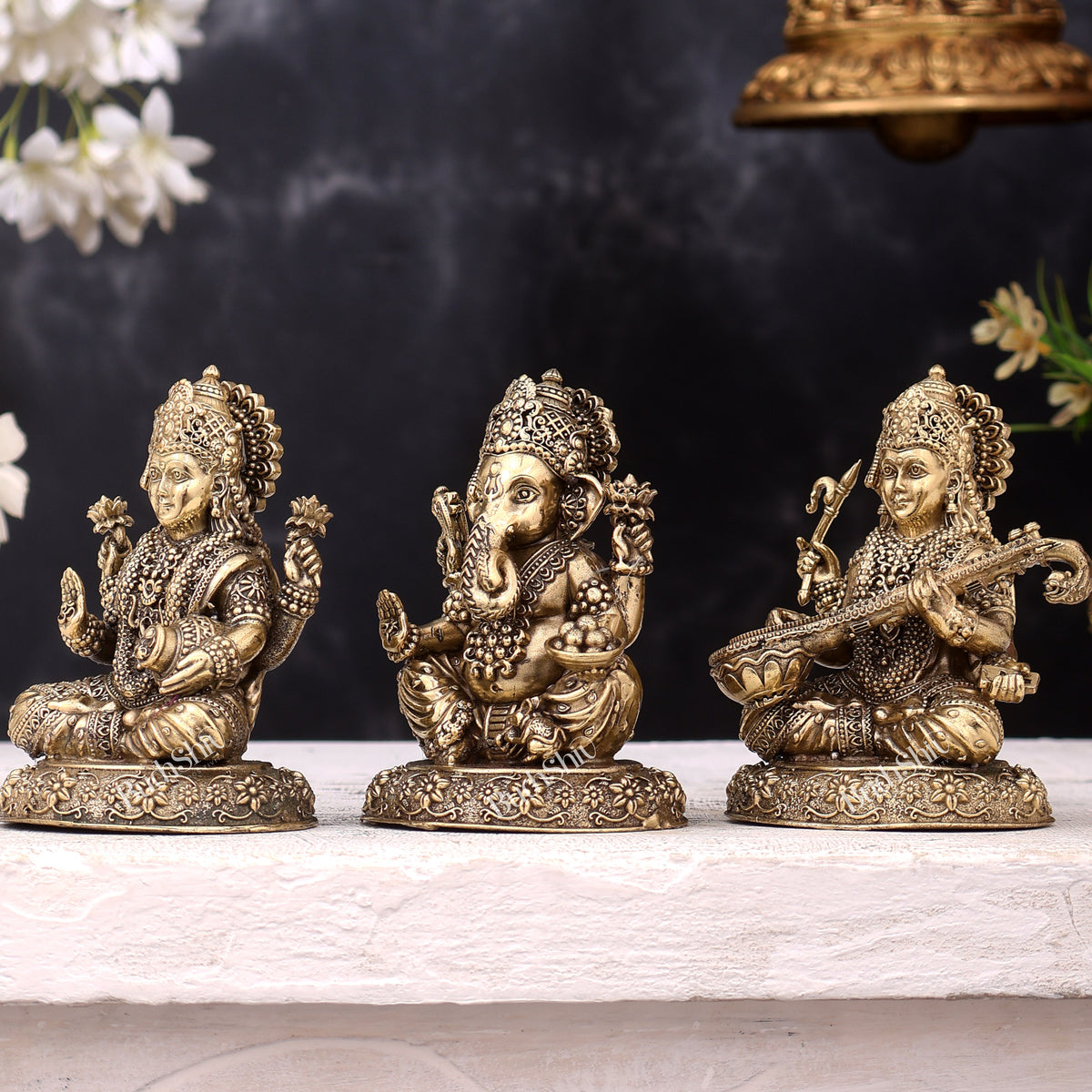Brass Superfine Ganesh Lakshmi Saraswati Idols on Round Base — Highly Detailed 4 inch