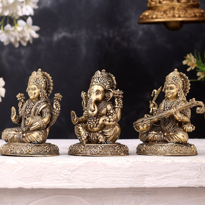 Brass Superfine Ganesh Lakshmi Saraswati Idols on Round Base — Highly Detailed 4 inch