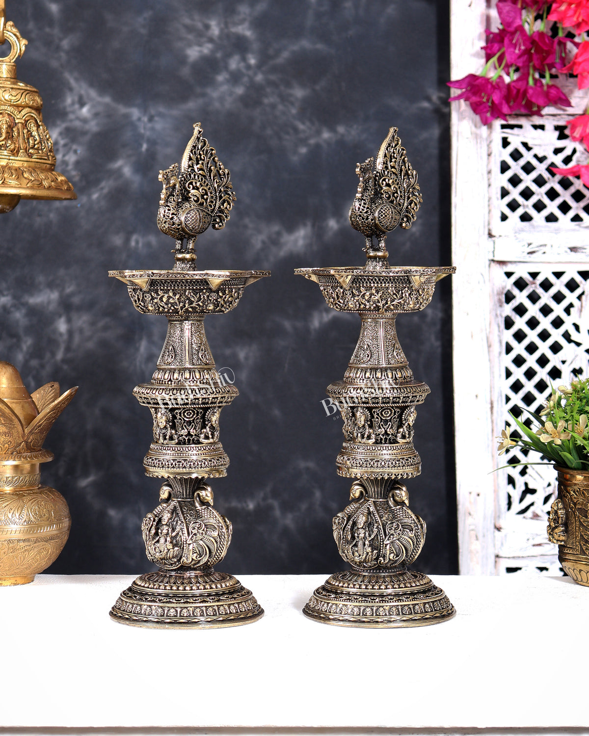 Brass Superfine Annam Pakshi Design Peacock Lamp with Ganesh Lakshmi Carvings 14 inch