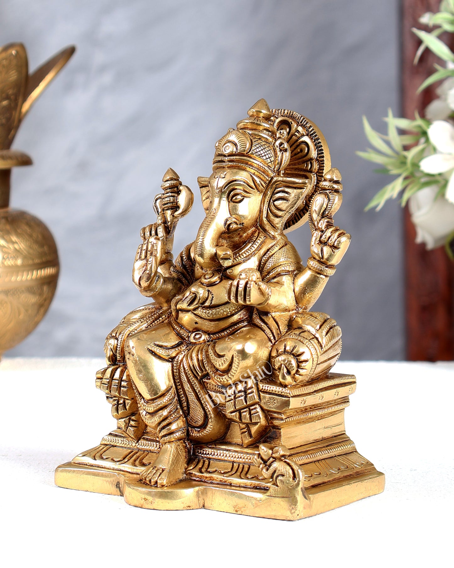 Brass Raja Ganesha on Throne Idol – Royal Handcrafted Lord Ganesha Sculpture (5.5 Inches)