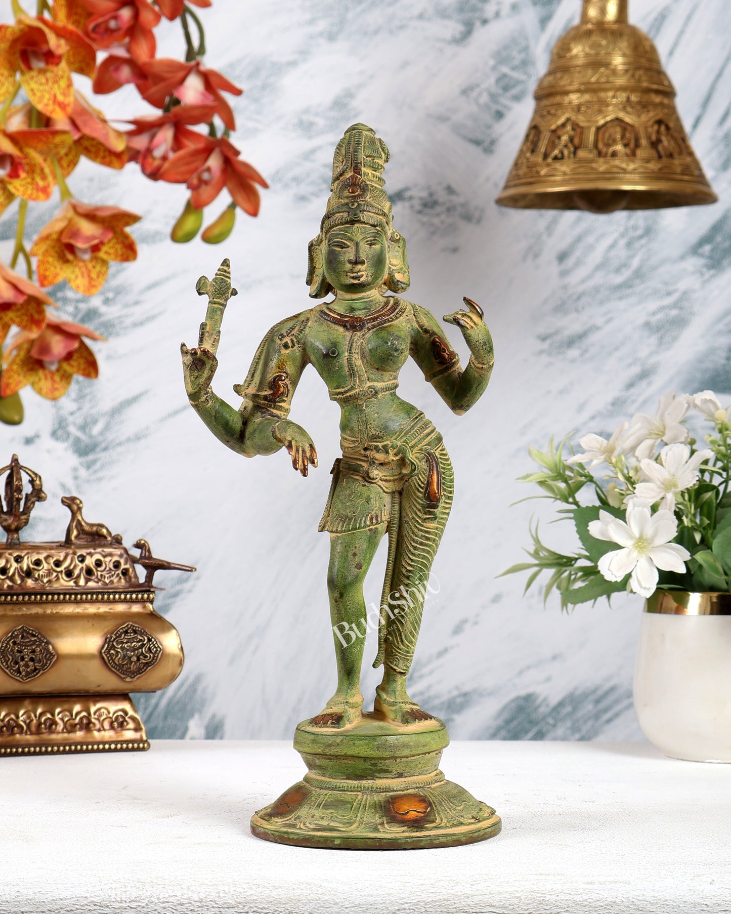 Vintage Brass Ardhanarishwara Idol – Green sand Tone Shiva Shakti Sculpture (11.2 Inch)