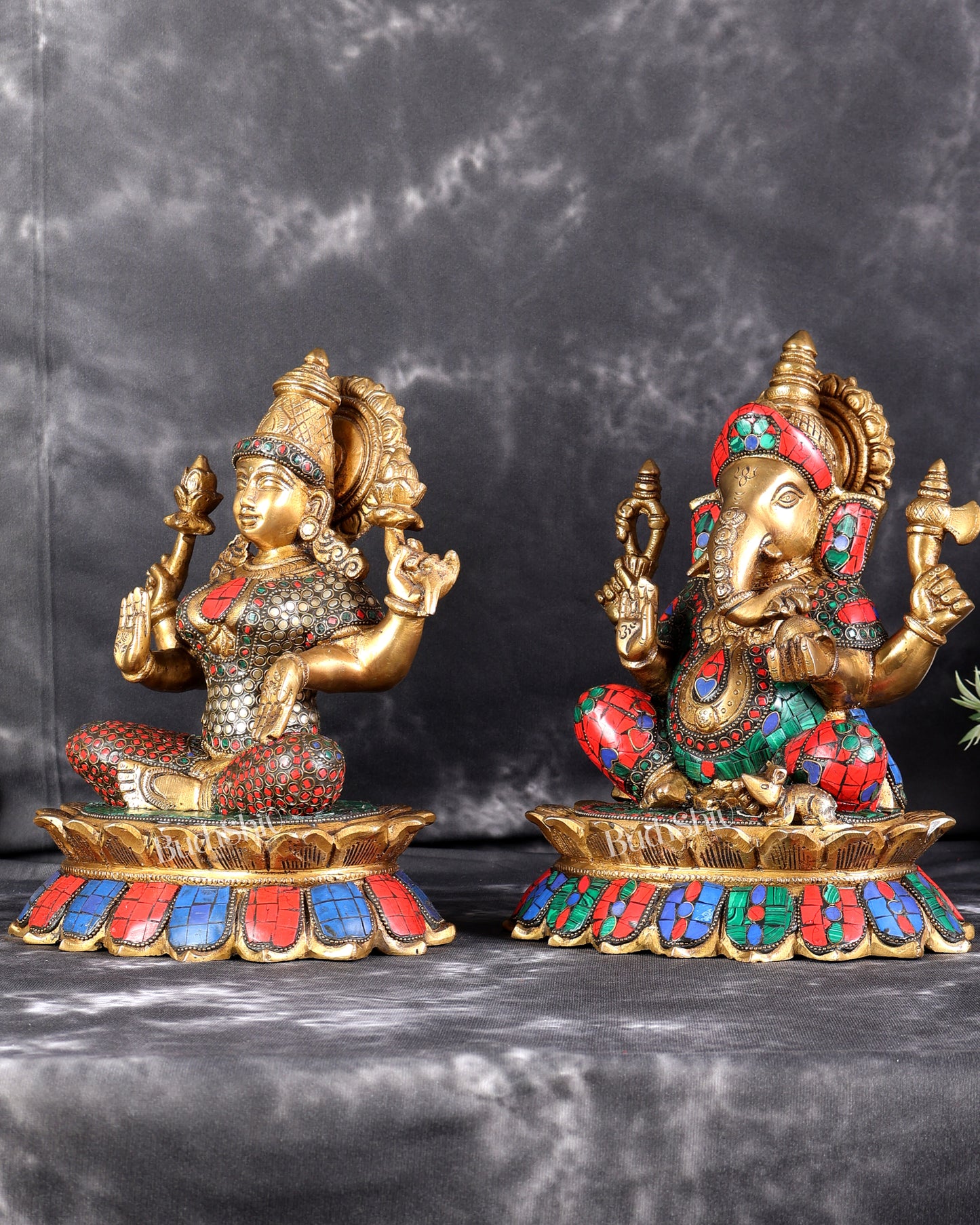 Brass Lakshmi Ganesha Idol Pair on Lotus Set (12 Inches) with stonework