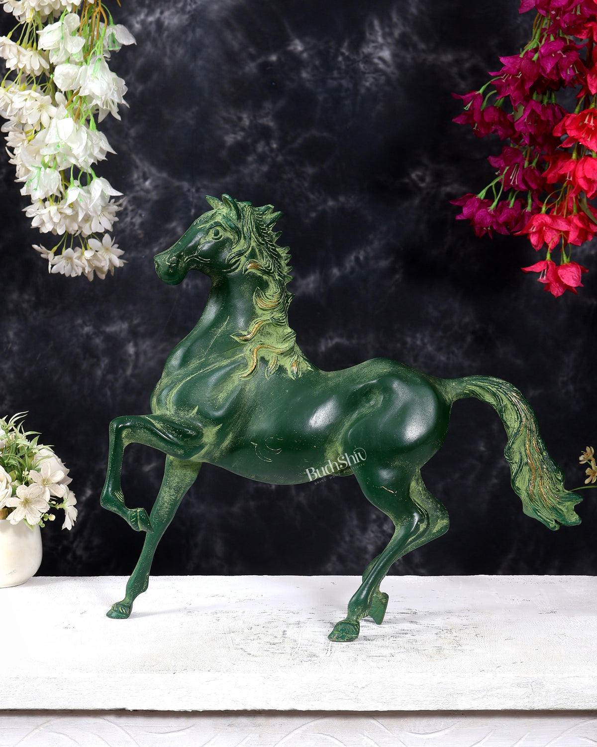 Vintage Brass Galloping Horse Feng Shui Approved Statue Green patina tone 16 inch