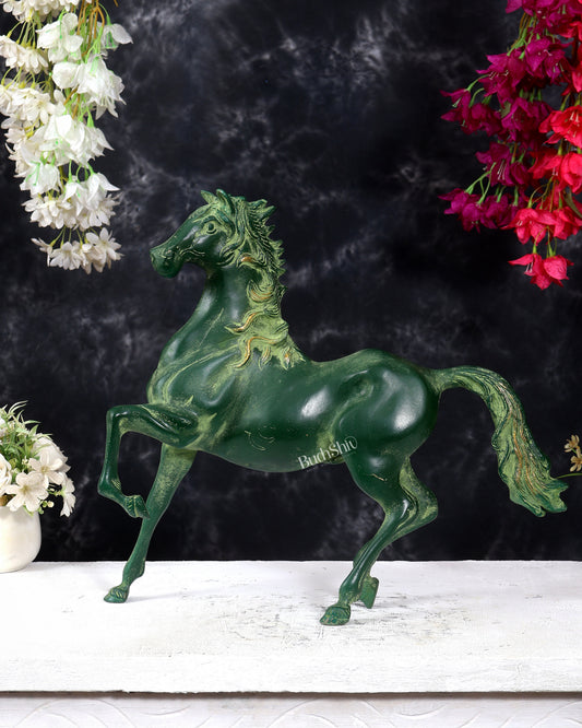 Vintage Brass Galloping Horse Feng Shui Approved Statue Green patina tone 16 inch