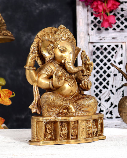 Unique Brass Ganesha Statue with Base Carvings 8 inch