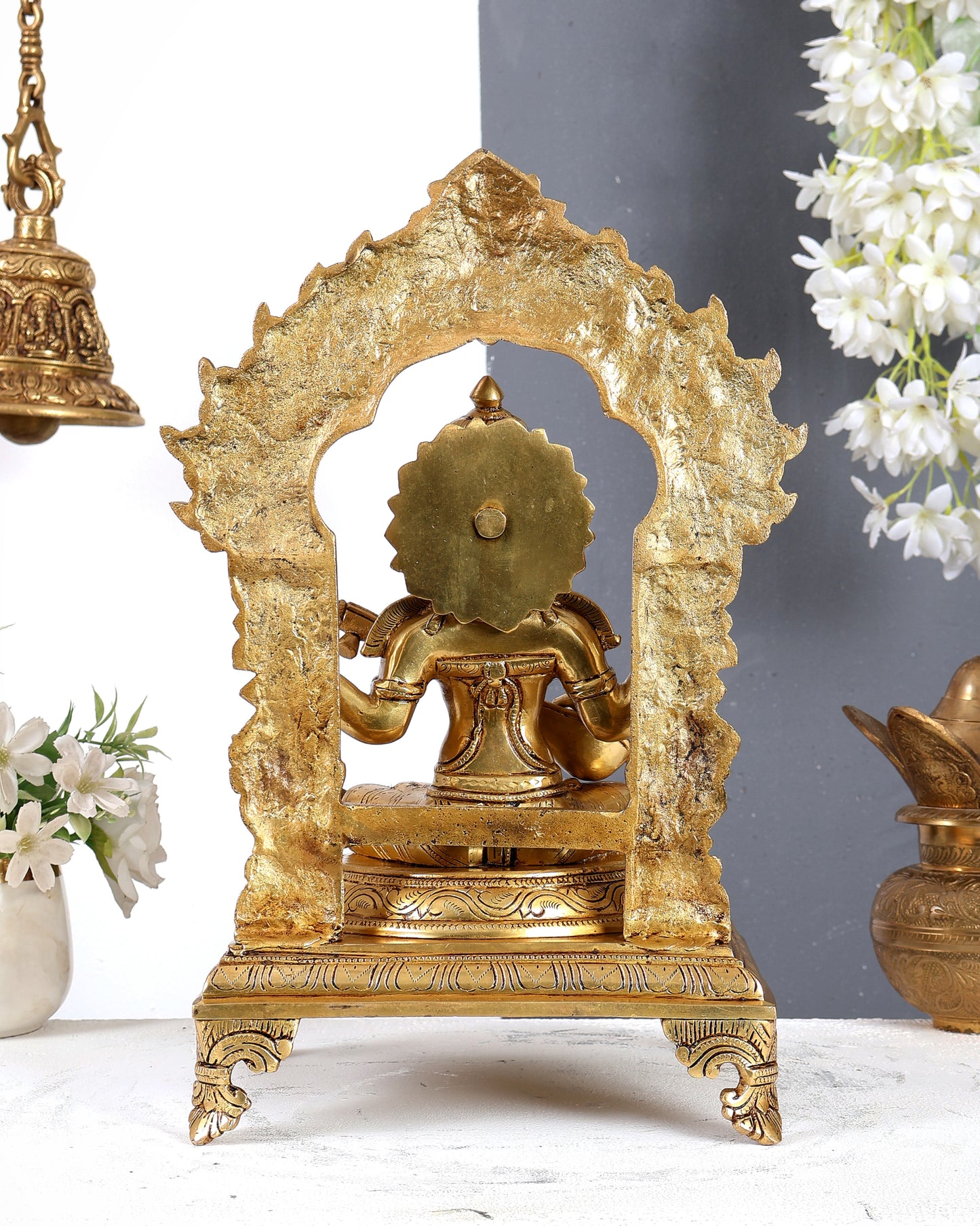Brass Goddess Saraswati with Swan, Kalash & Prabhavali Idol – Handcrafted Temple Sculpture 14 inch