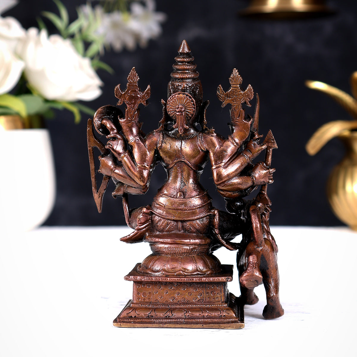 Pure Copper Goddess Shakti Durga Idol Seated with Lion — Dashabhuja 4.2 inch