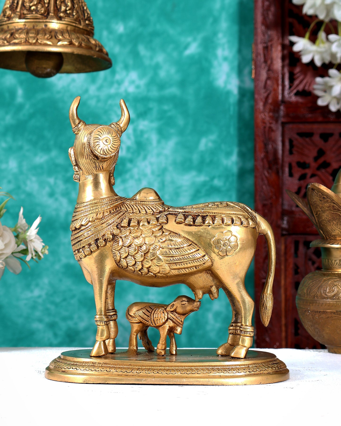 Superfine Brass Kamadhenu Cow and Calf with wings and goddess face Idol 8.5 inch enhanced