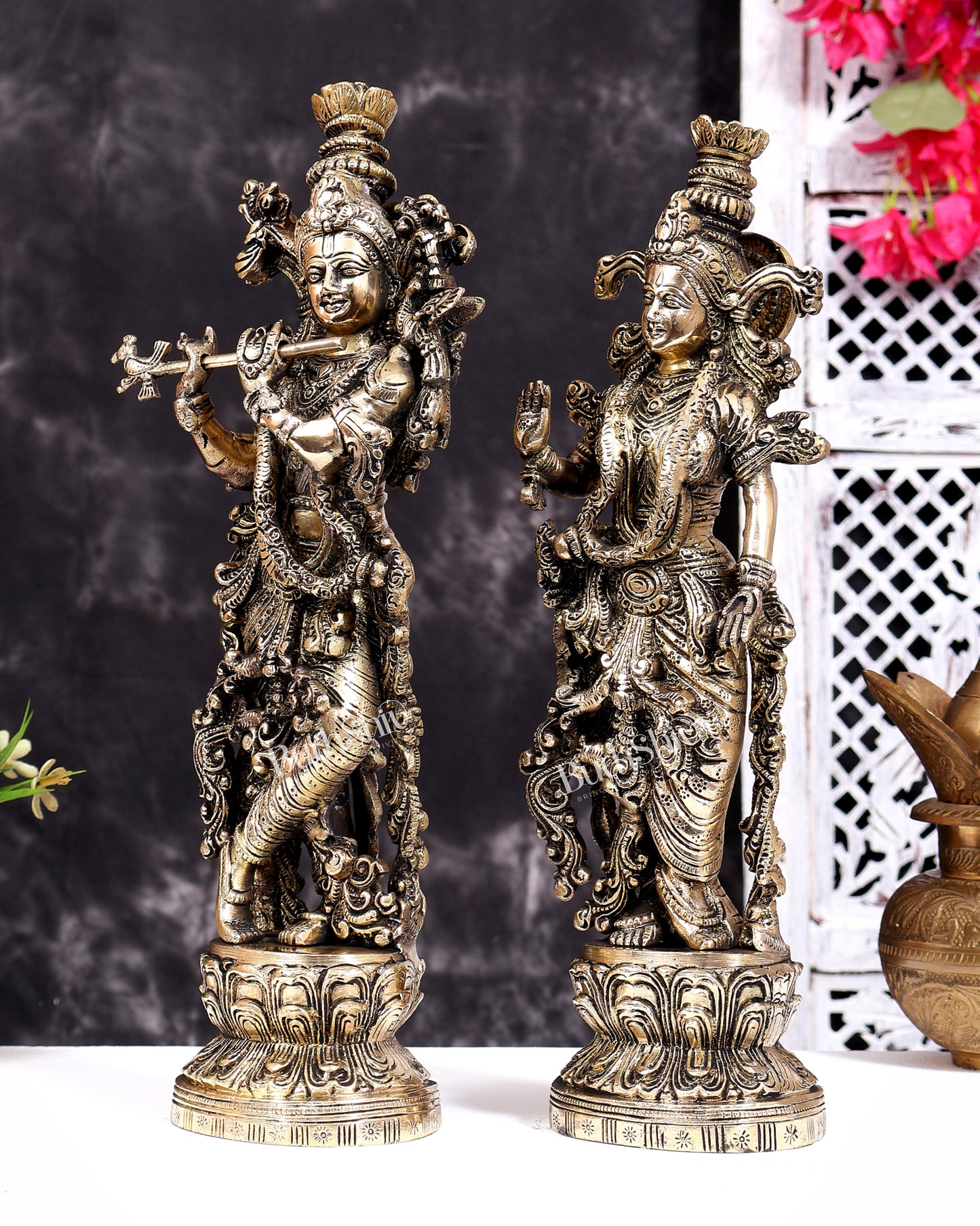 Brass Radha Krishna Statues 14 inch Charcoal tone gloss