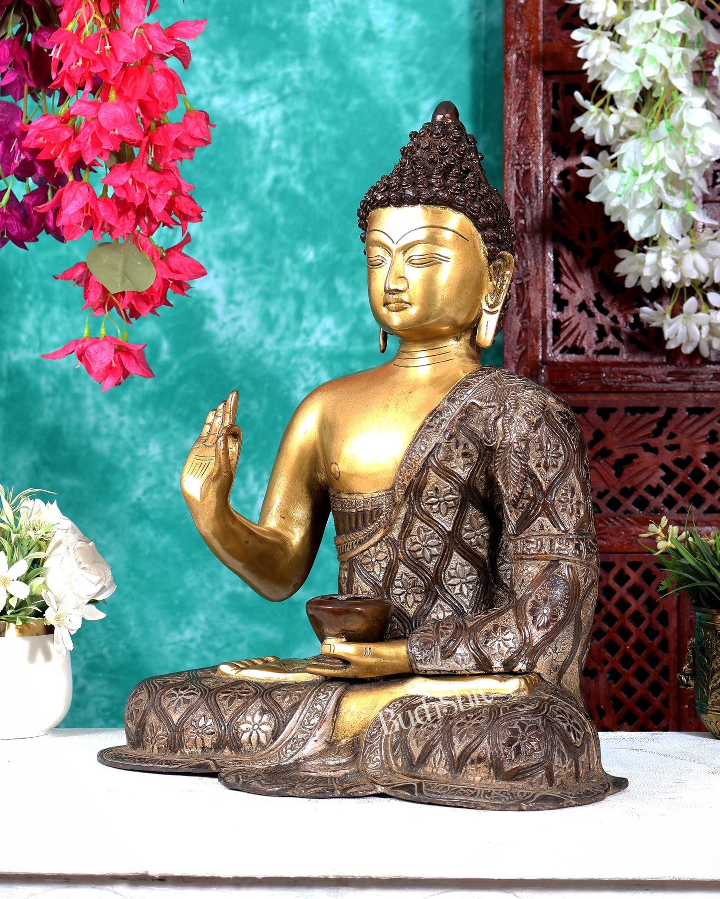 Buddha Brass Idol 17 inch blessing dual tone copper silver tone