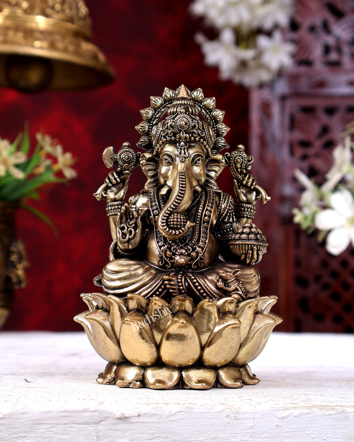 Brass Superfine Ganesha Idol Cross-Legged on Lotus Base 5 inch