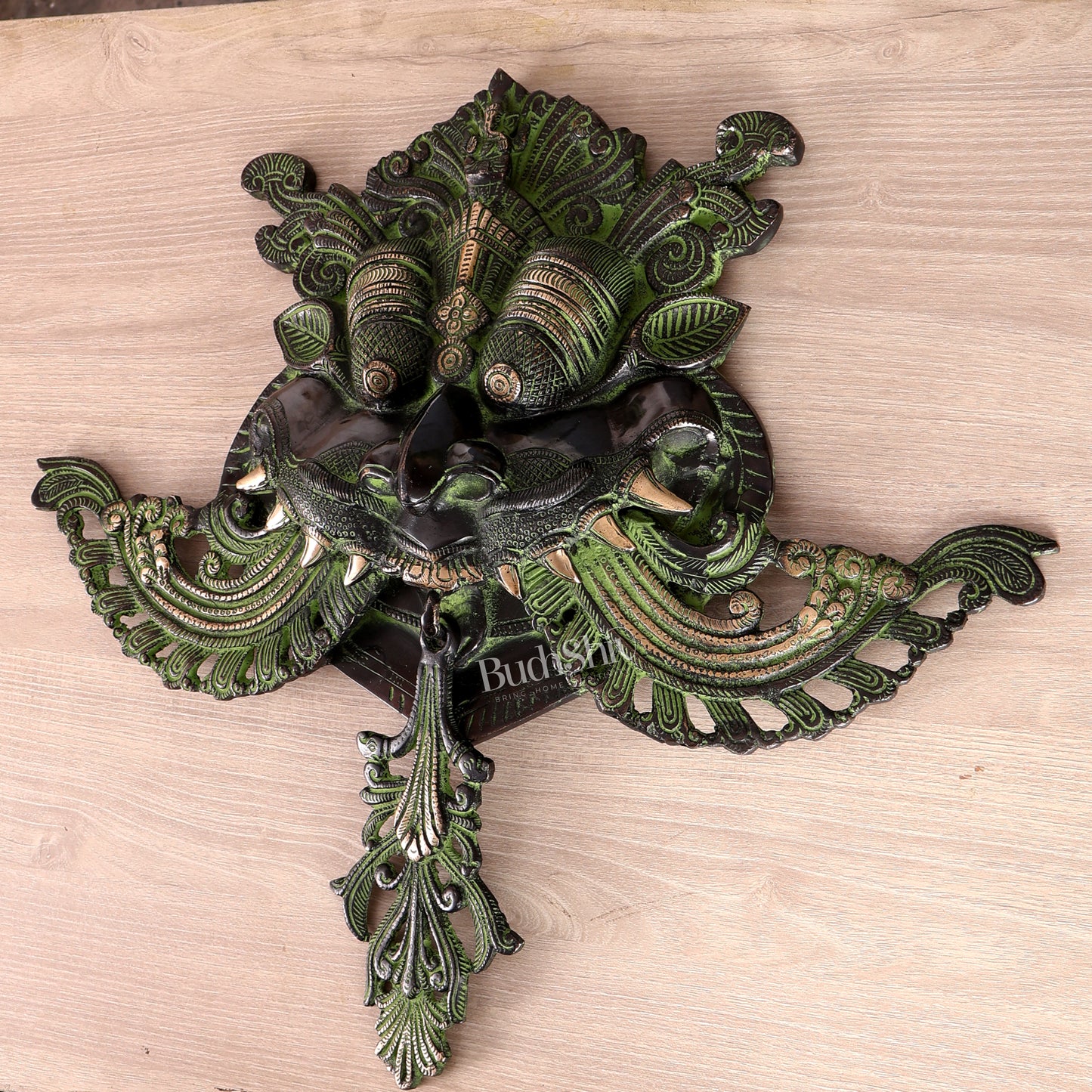 Brass Large kirtimukha Yali wall hanging face Nazarbattu 18" Black and green vintage