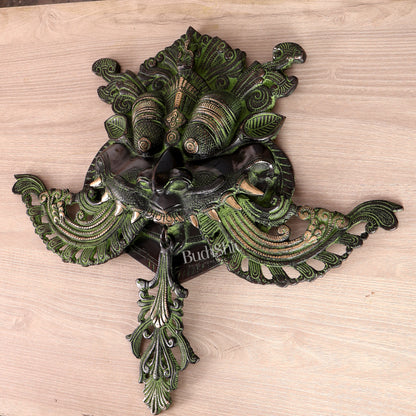 Brass Large kirtimukha Yali wall hanging face Nazarbattu 18" Black and green vintage