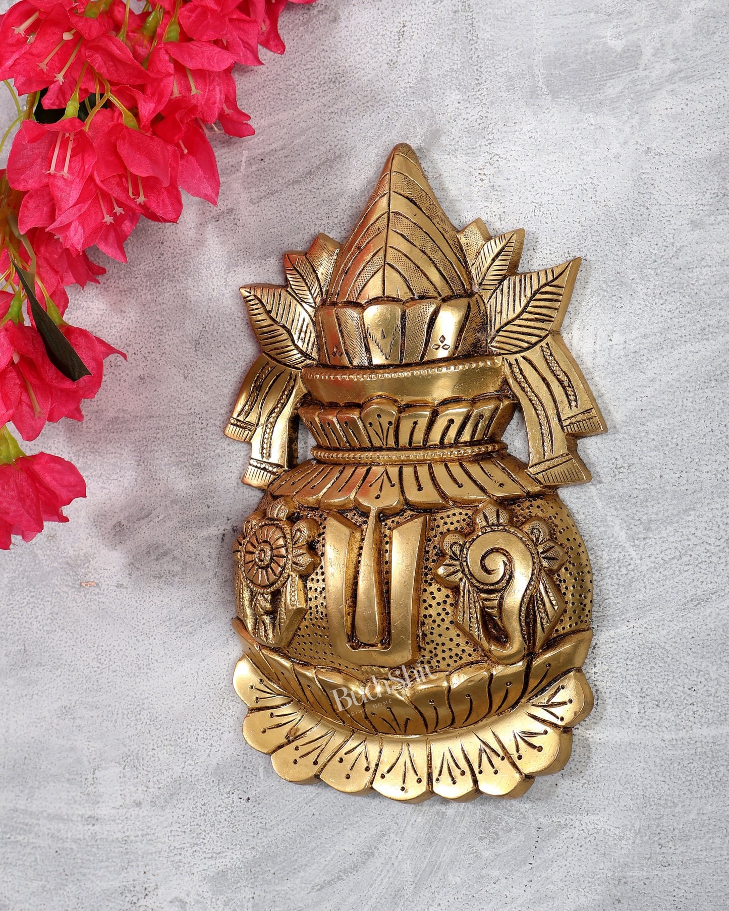 Brass Kalash Shankh Chakra Namah Wall Hanging – Auspicious Vedic Décor Plaque 10"