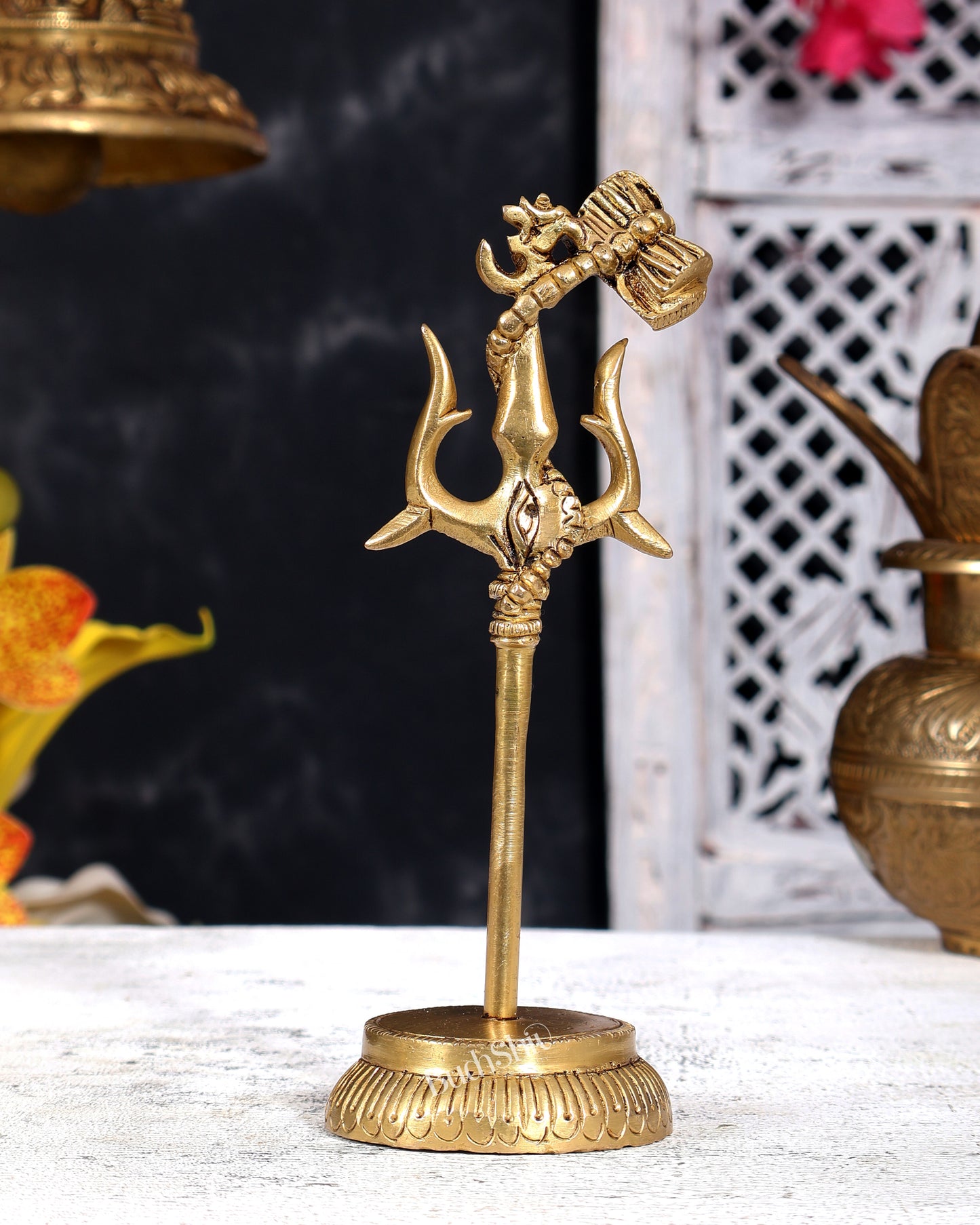Brass Shiva Trishul with Damru and Om — Third Eye Carvings 7 inch