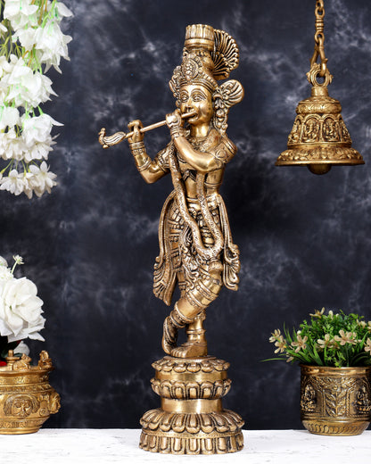 Brass Krishna Statue Unique Design | Pure Brass Lord Krishna Sculpture 20 inch matte finish