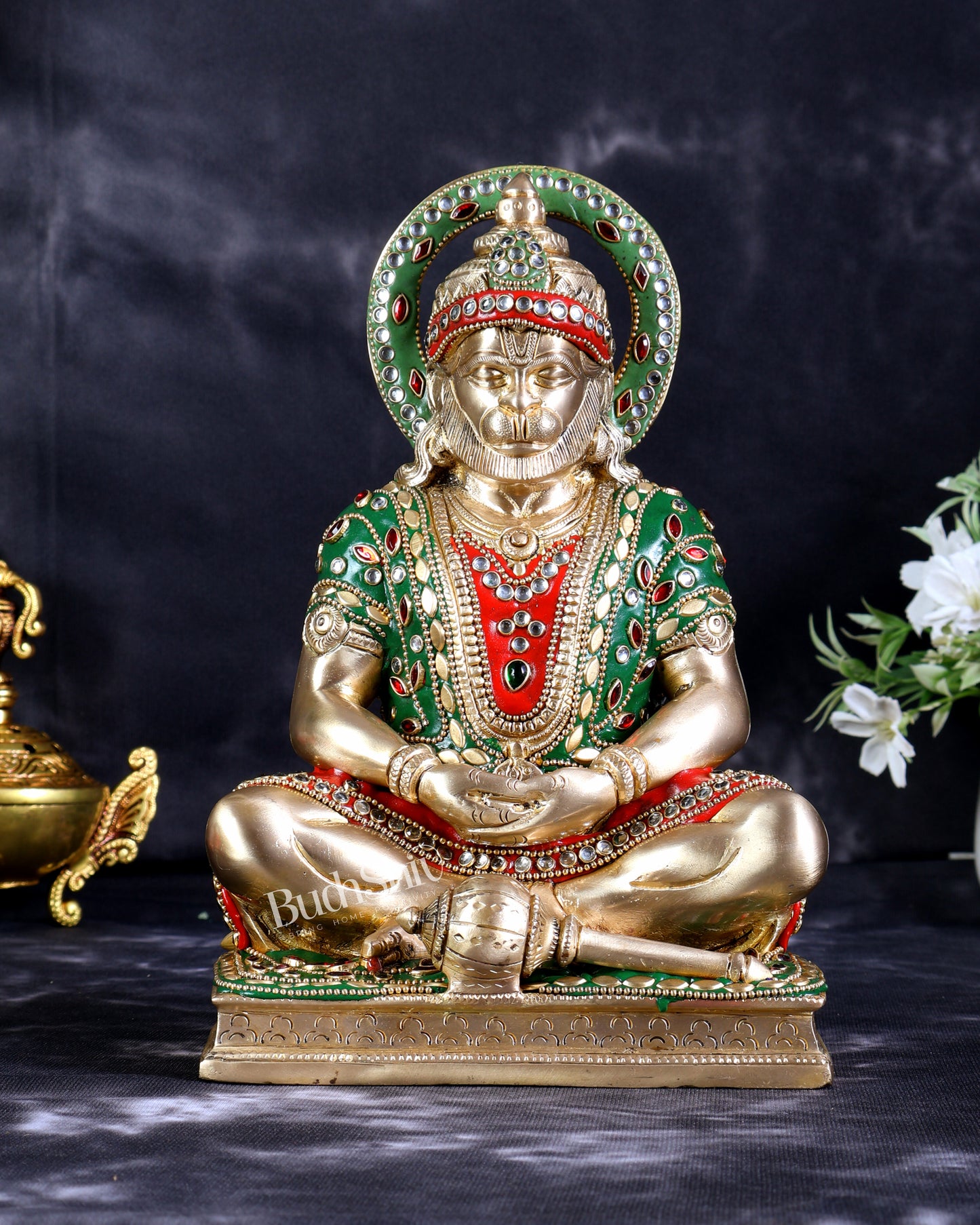 Brass Hanuman Ji in Meditation Statue (9 Inch ) meenakari