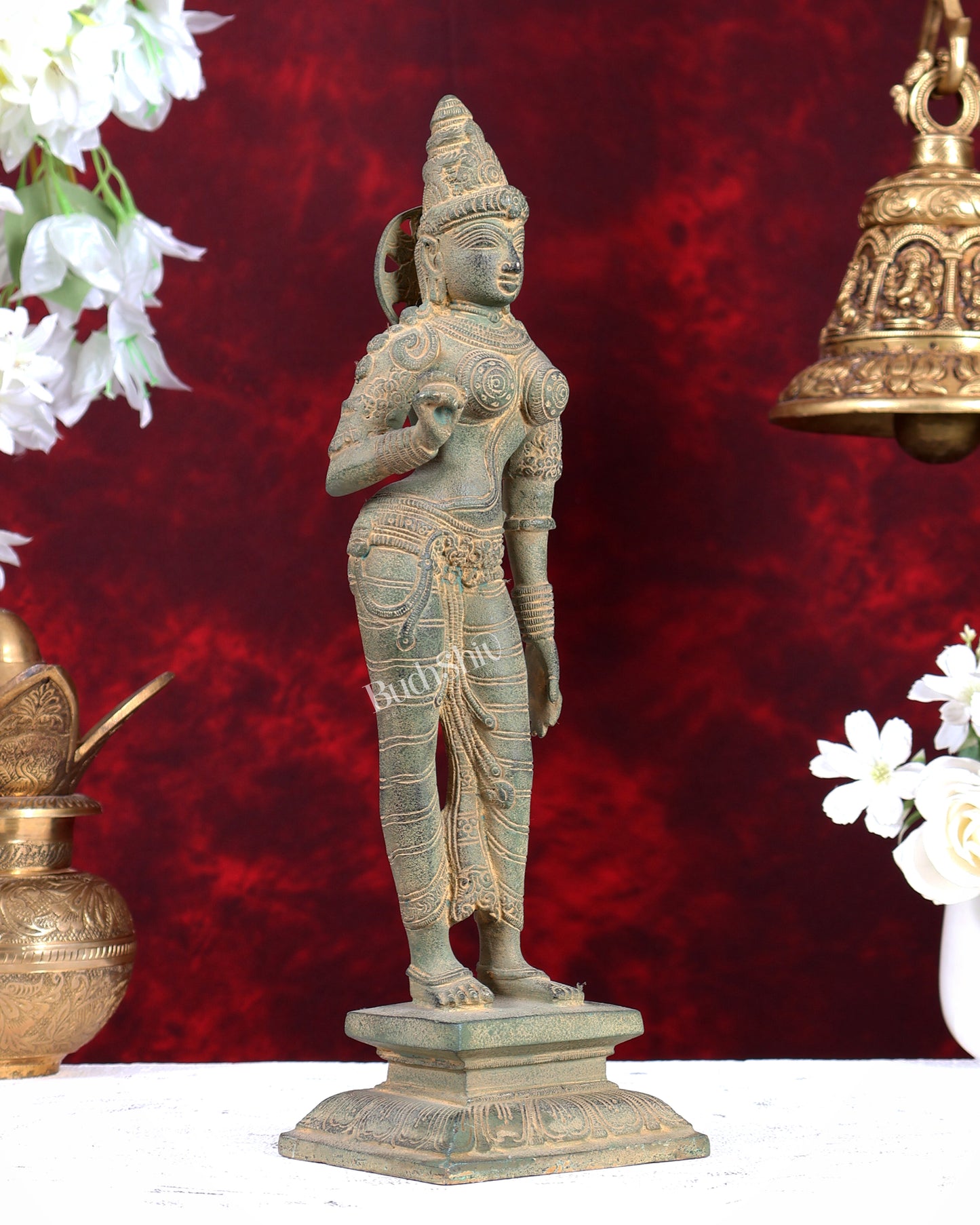 Pure Brass Standing Goddess Uma Parvati Sivagami Sculpture – 13” Stonefinish