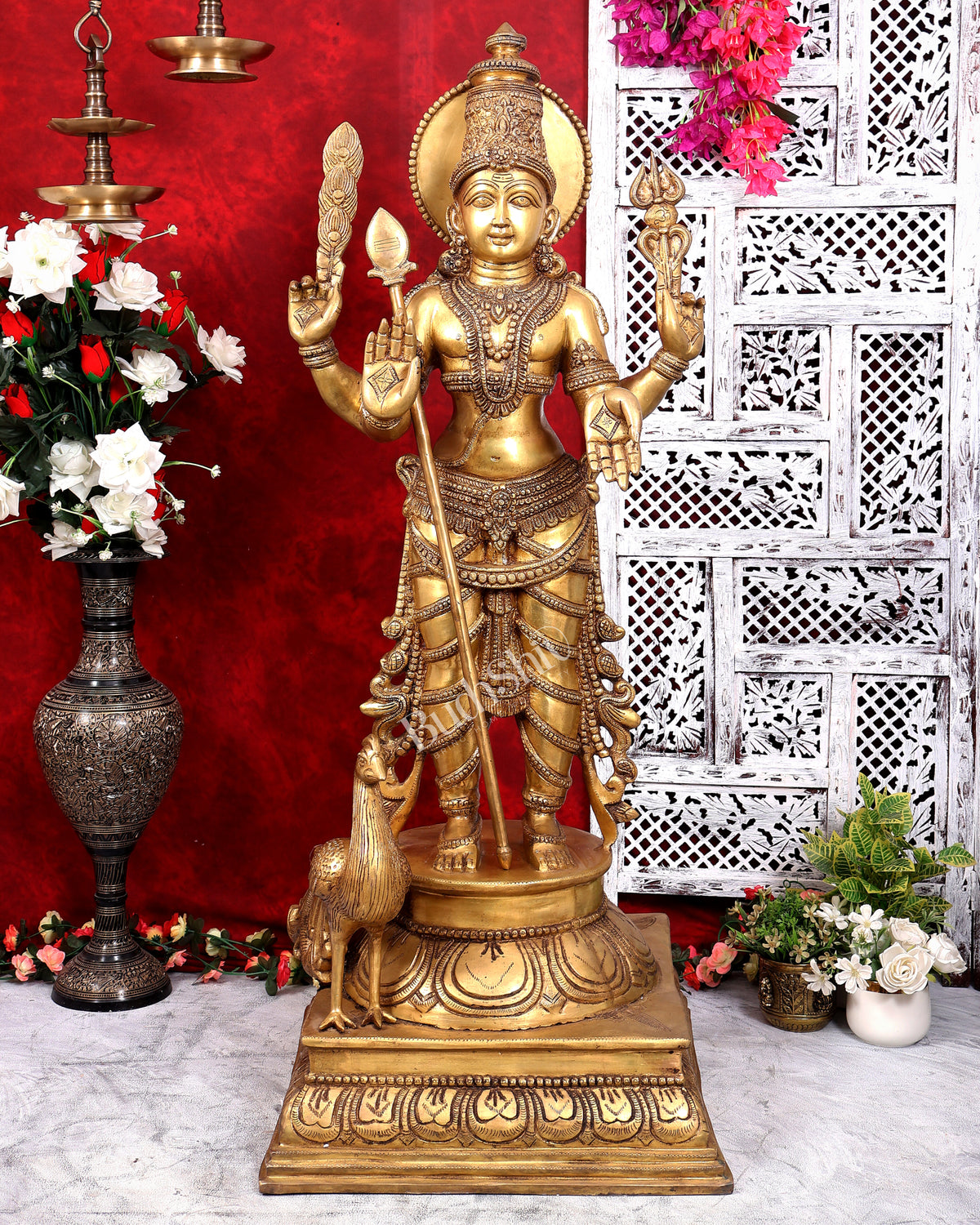 Pure Brass Lord Kartikeya (Murugan Swamy) Large Statue – Temple Grade Divine Artefact 49 inch