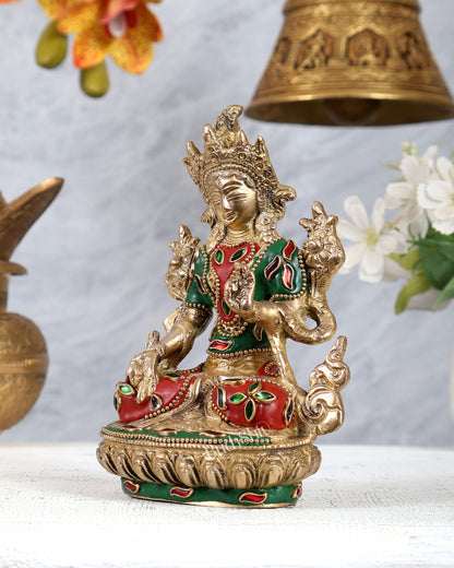 Brass White Tara Statue with Meenakari Work – Handcrafted Sacred Buddhist Idol 6 inch