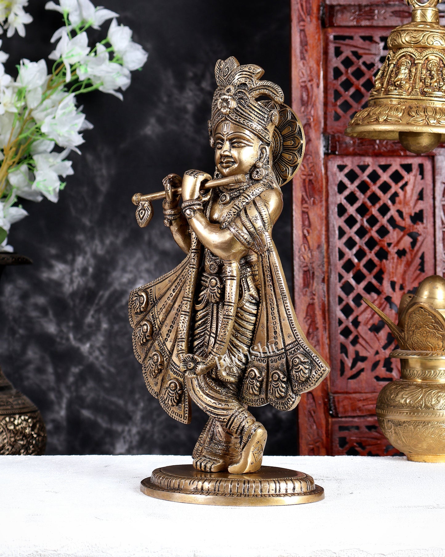 Antique Brass Lord Krishna Statue – Handcrafted Divine Sculpture 14.5 inch