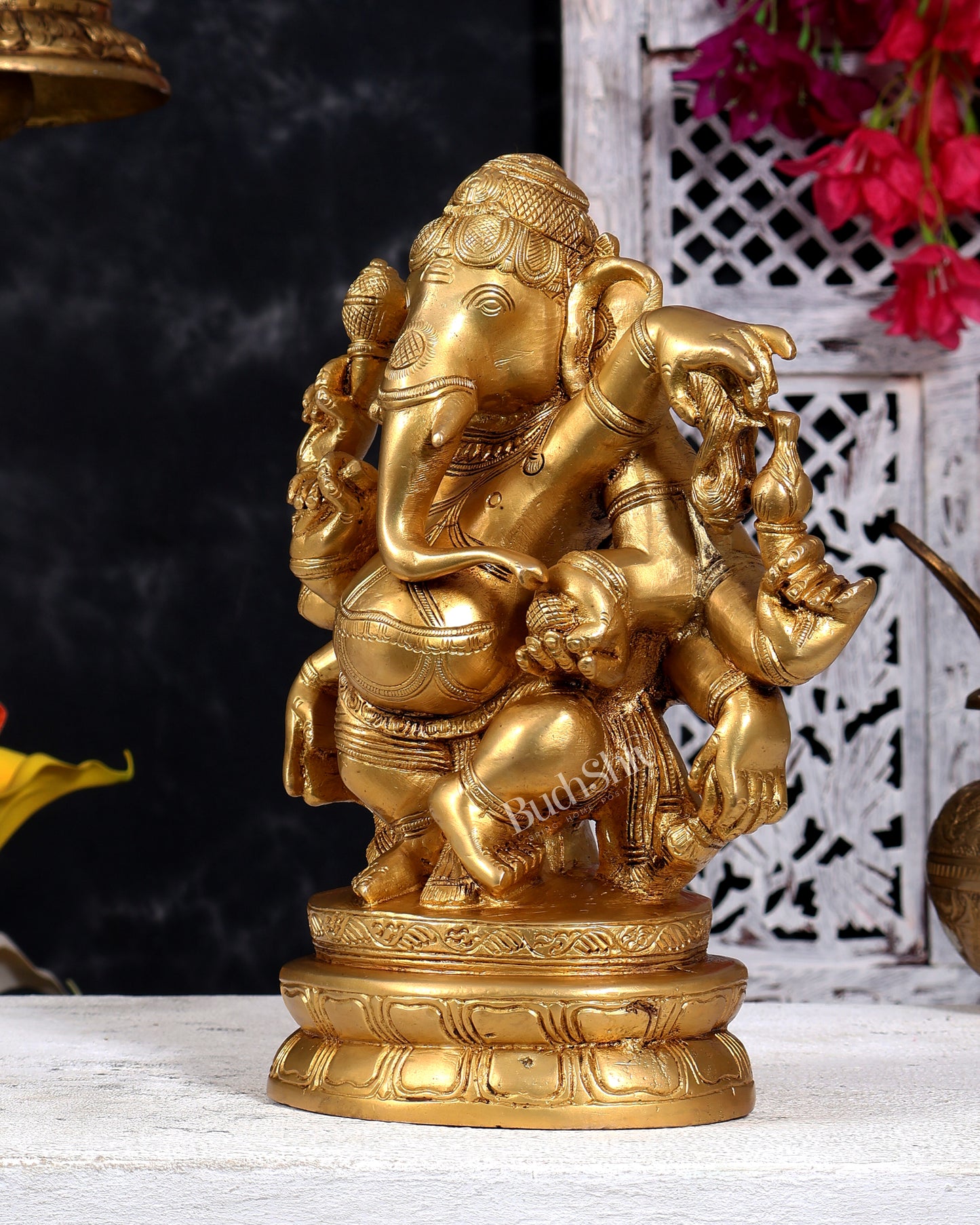 Heavy Brass Dancing Ganesha with 8 Arms Sculpture 10 inch