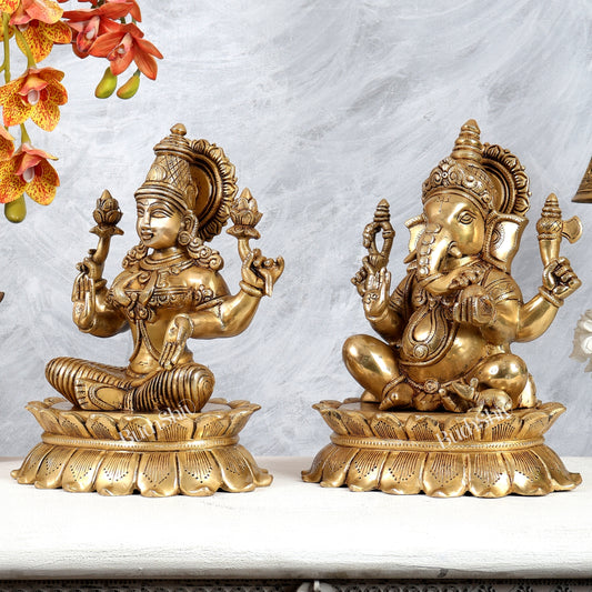 Brass Lakshmi Ganesha Idol Pair on Lotus – Highly Detailed Divine Set (12 Inches Each)