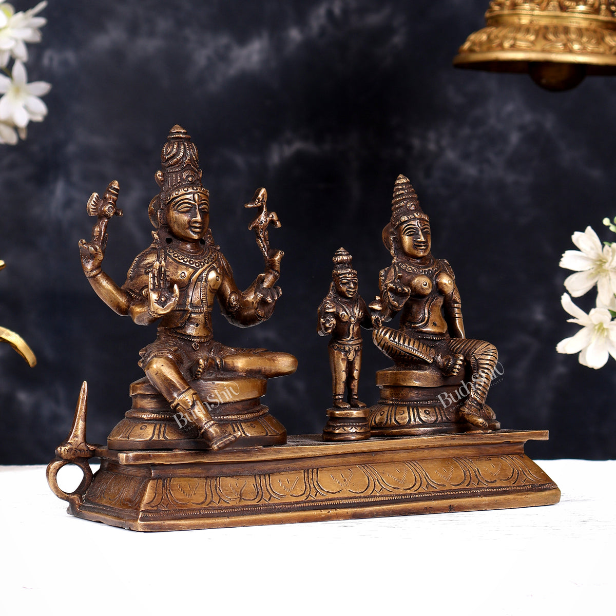 Brass Somaskanda Statue — Shiva, Parvati and Kartikeya Idol 7 inch