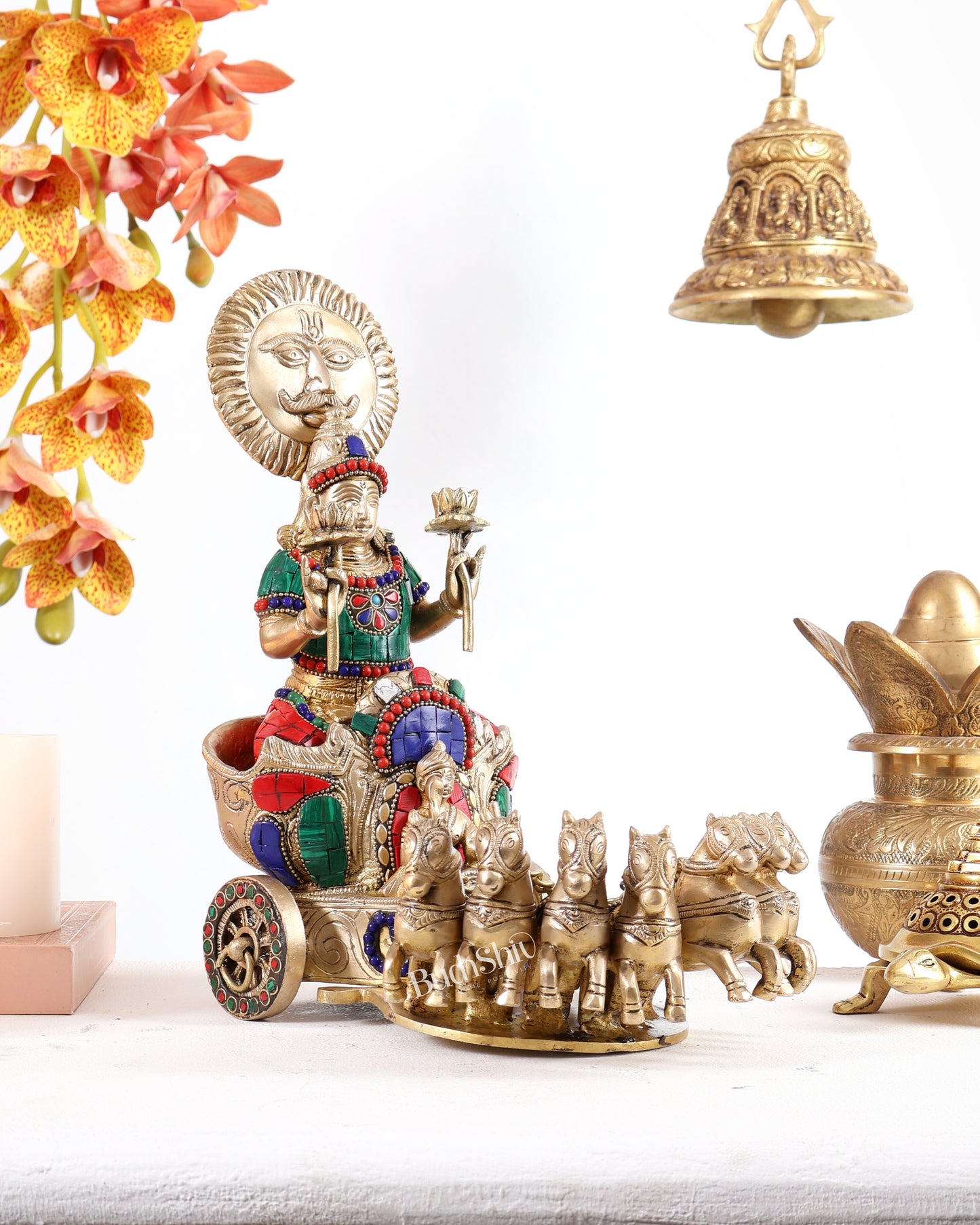 Brass Surya Rath Chariot - 12" with stonework