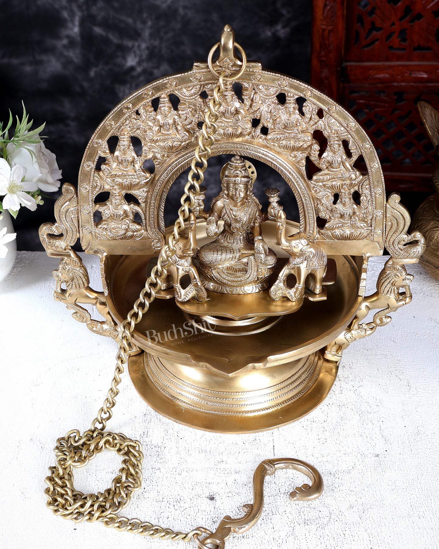 Premium Bronze Ashtalakshmi Hanging Lamp Diya Vilakku – Traditional Temple Deepam with Chain