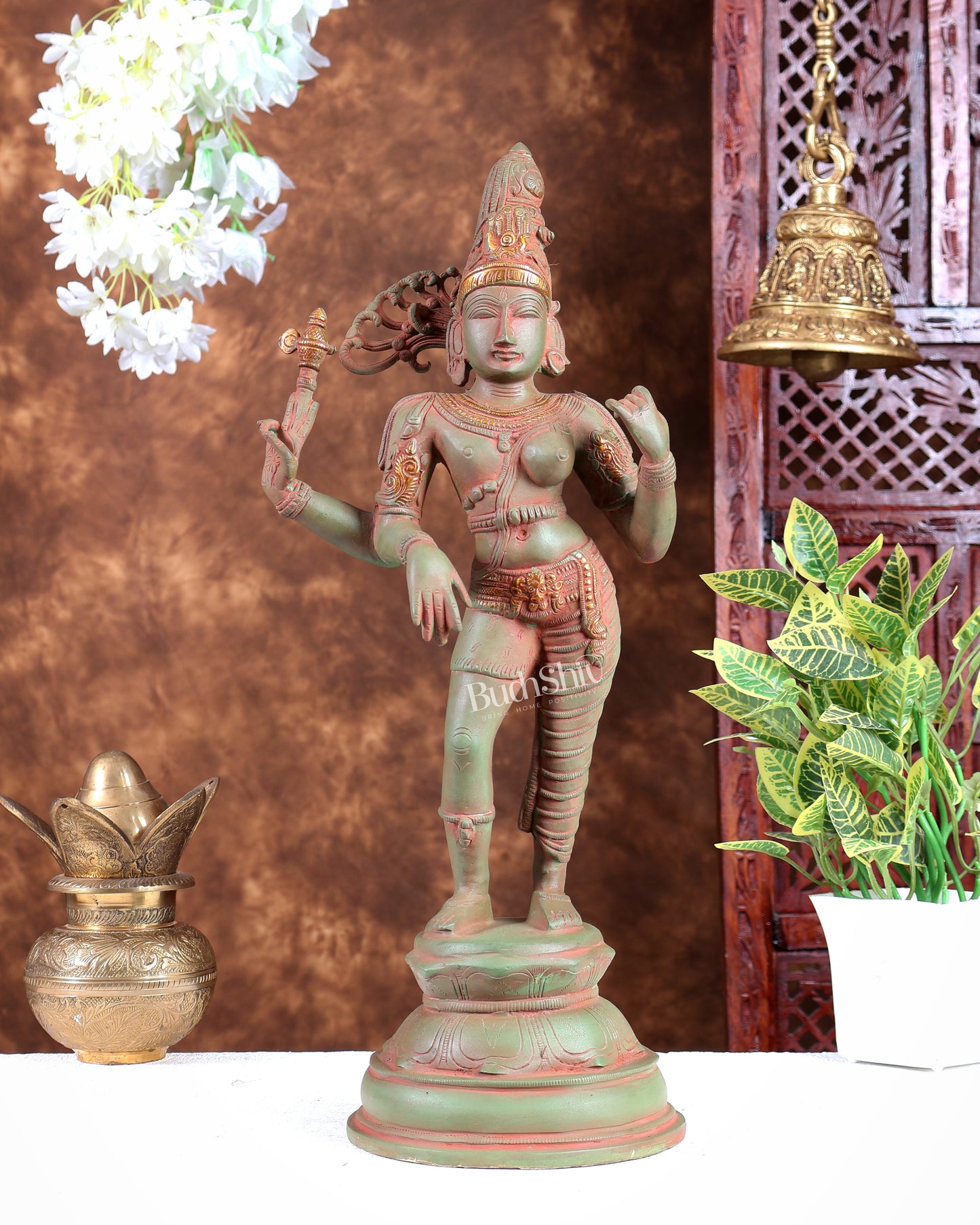 Pure Brass Ardhanarishwara Statue – Half Shiva Half Parvati Green patina tone 19 inch