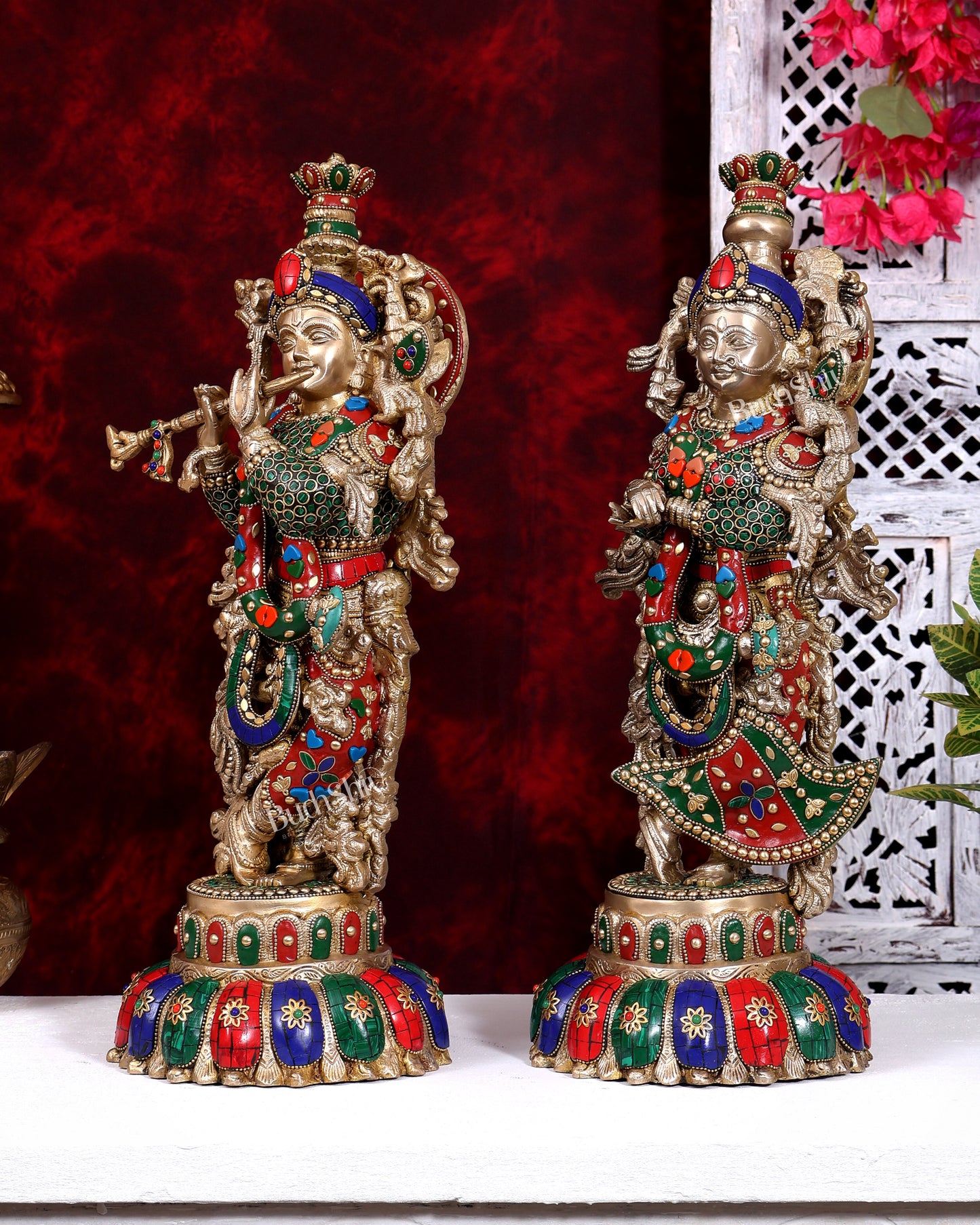 Brass Radha Krishna Idols on Lotus Base – Fine Craft Divine Pair (21 Inch) meenakari Stonework