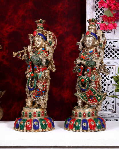 Brass Radha Krishna Idols on Lotus Base – Fine Craft Divine Pair (21 Inch) meenakari Stonework