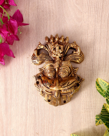 Brass Kirtimukha Yali Face Wall Hanging – Sacred Temple Guardian Décor (5.5 Inch, 800 GM) golden tone