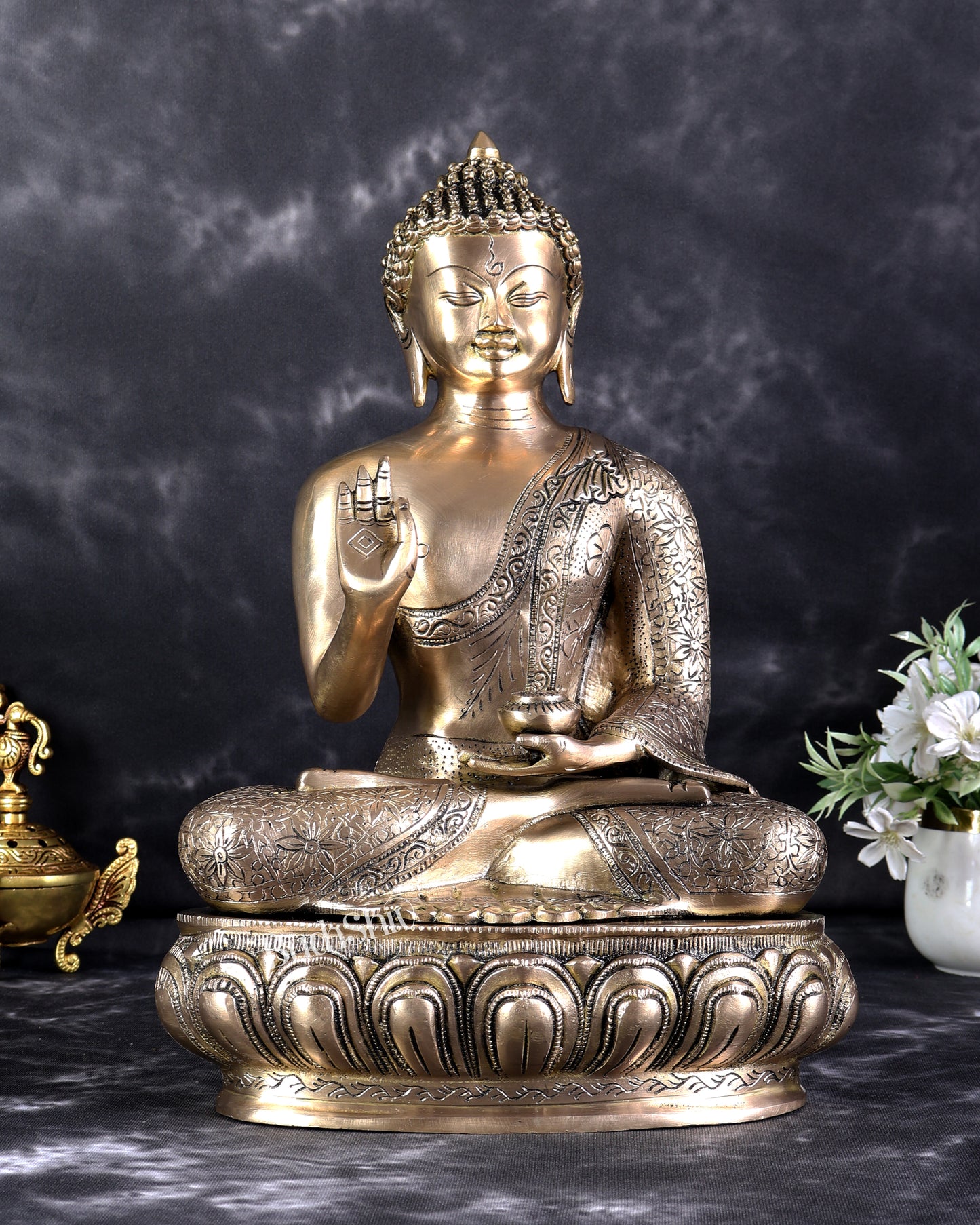 Pure Brass Blessing Buddha Statue with Intricate Carvings – Handcrafted Spiritual Sculpture (15 Inch)