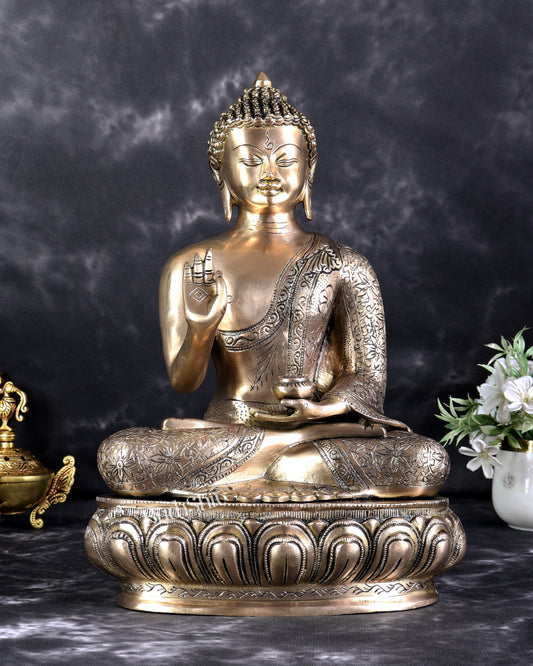 Pure Brass Blessing Buddha Statue with Intricate Carvings – Handcrafted Spiritual Sculpture (15 Inch)