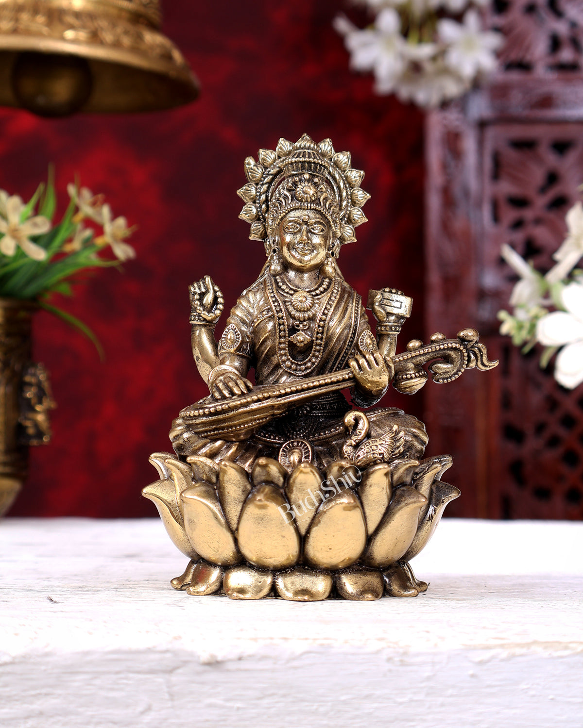 Brass Superfine Saraswati Idol Cross-Legged on Lotus Base 5 inch