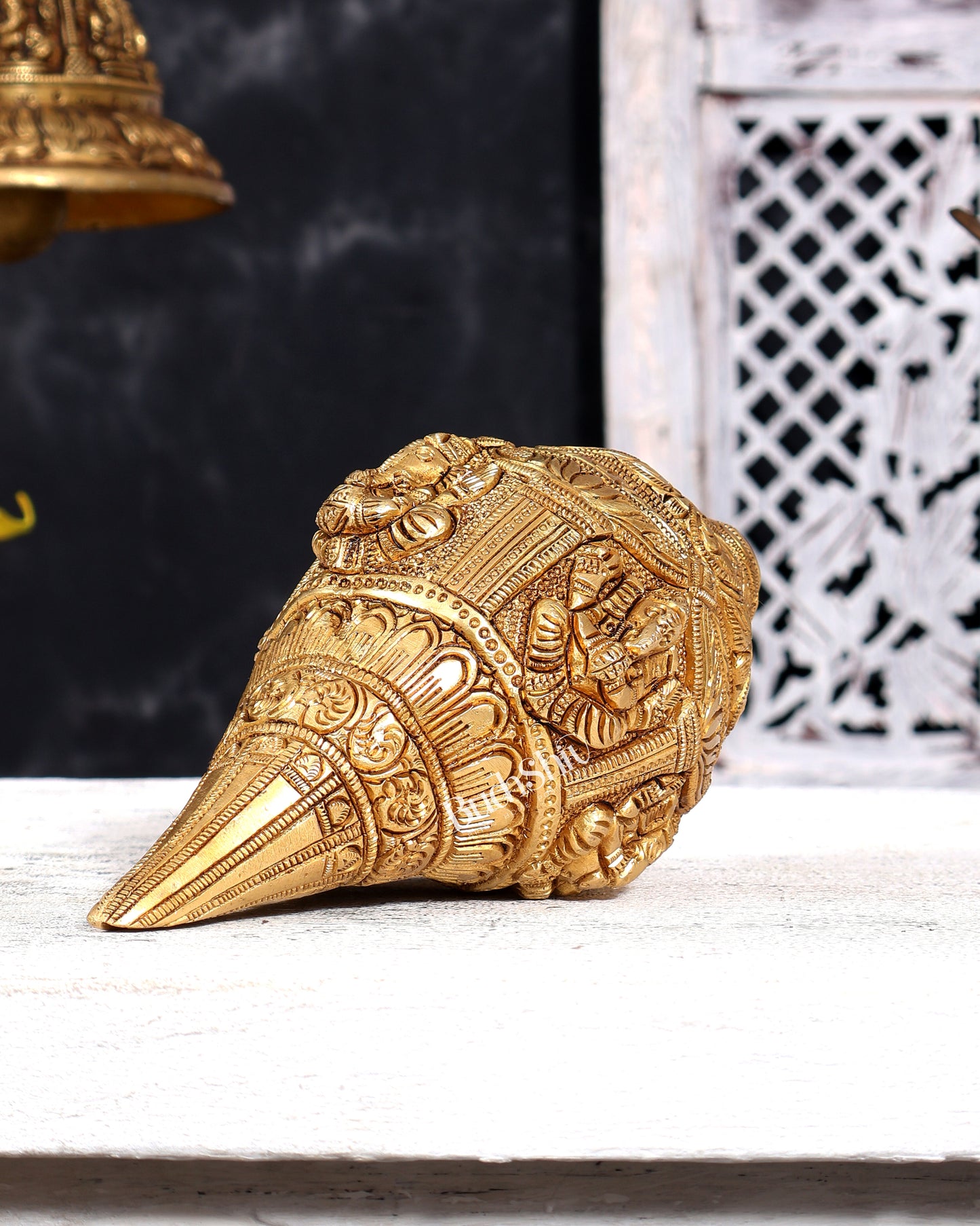 Brass Ganesha Playing Conch (Shankh) – Musician Idol | Auspicious Gift & Showpiece 8"