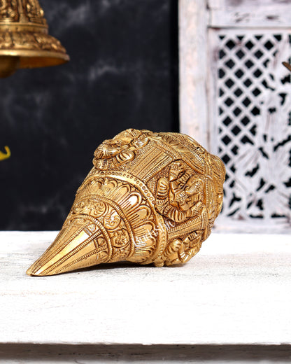 Brass Ganesha Playing Conch (Shankh) – Musician Idol | Auspicious Gift & Showpiece 8"