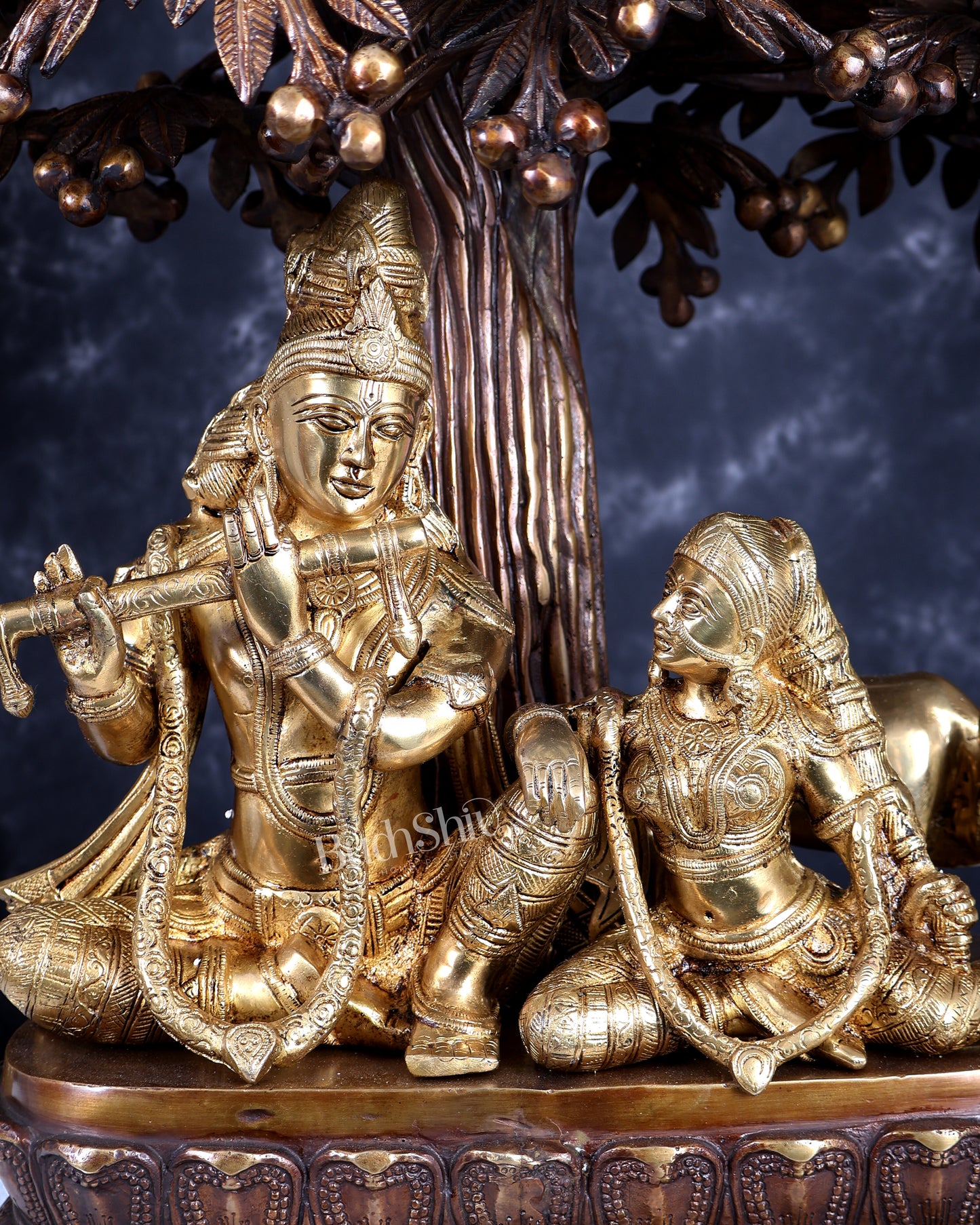 Brass Radha Krishna with Cow and Tree - 24 inch